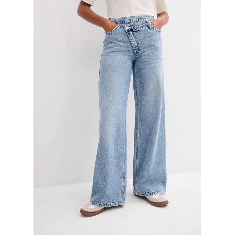 bonprix Džíny Wide Leg, Mid Waist, Low Stretch modrá Žena