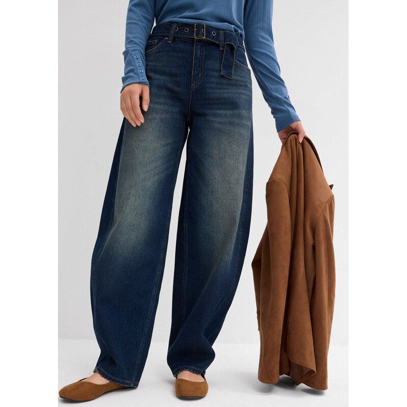 bonprix Džíny Barrel s páskem, Mid Waist modrá Žena