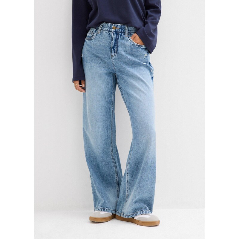bonprix Džíny Wide Leg, Mid Waist, Low Stretch modrá Žena