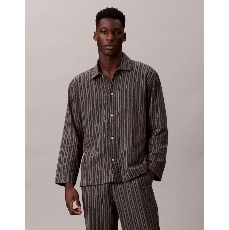 Calvin Klein button pyjama shirt in dark stripe-Multi