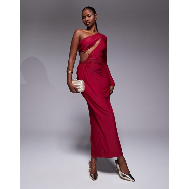 JLUXLABEL Jorgia one sleeve slinky maxi dress with cutout in red