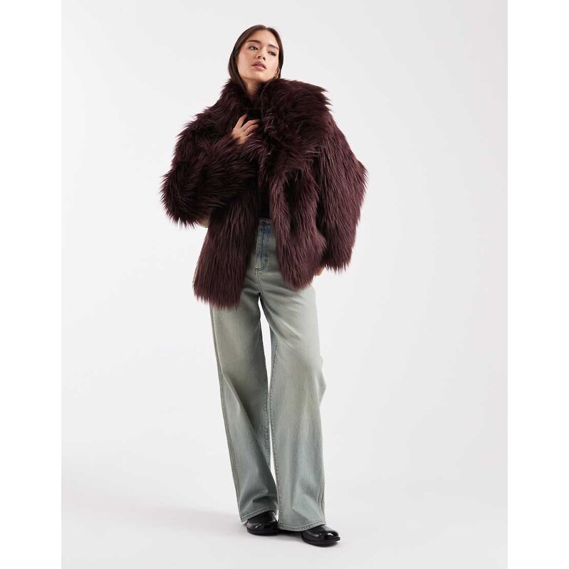 ASOS DESIGN oversized jacket with faux fur collar in burgundy