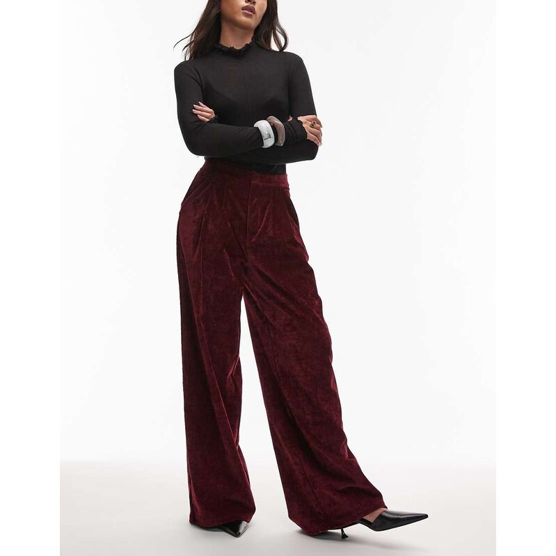 ASOS DESIGN textured velvet wide leg trouser in burgundy
