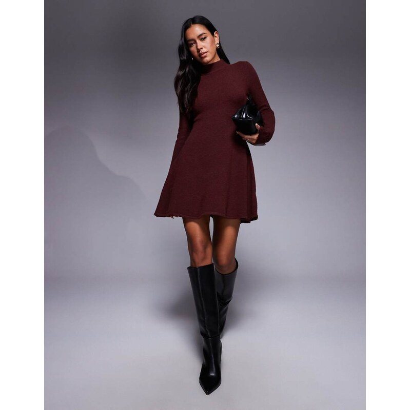 Kaiia exclusive knitted high neck skater mini dress in burgundy-Red 110395115