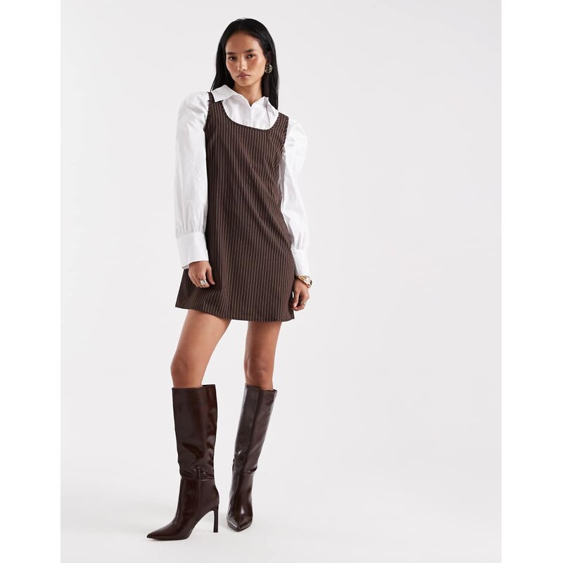 Pieces tailored mini dress in chocolate brown pinstripe 115746222