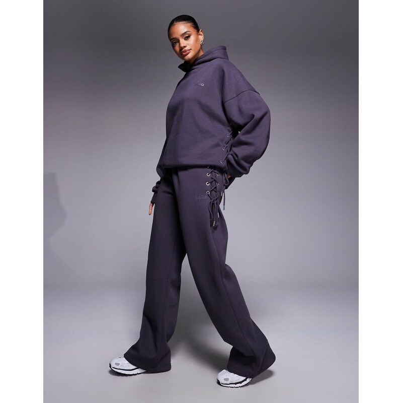 Kaiia cotton rich lace up detail wide leg joggers co-ord in charcoal 112910551