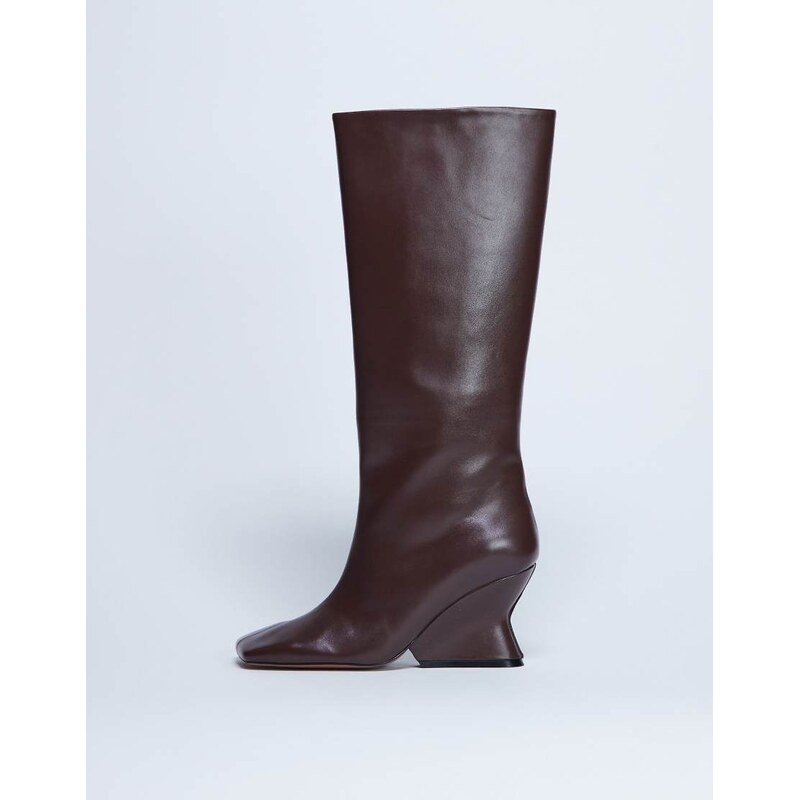Topshop Selma Premium leather knee high wedge boot in chocolate-Red 113263101