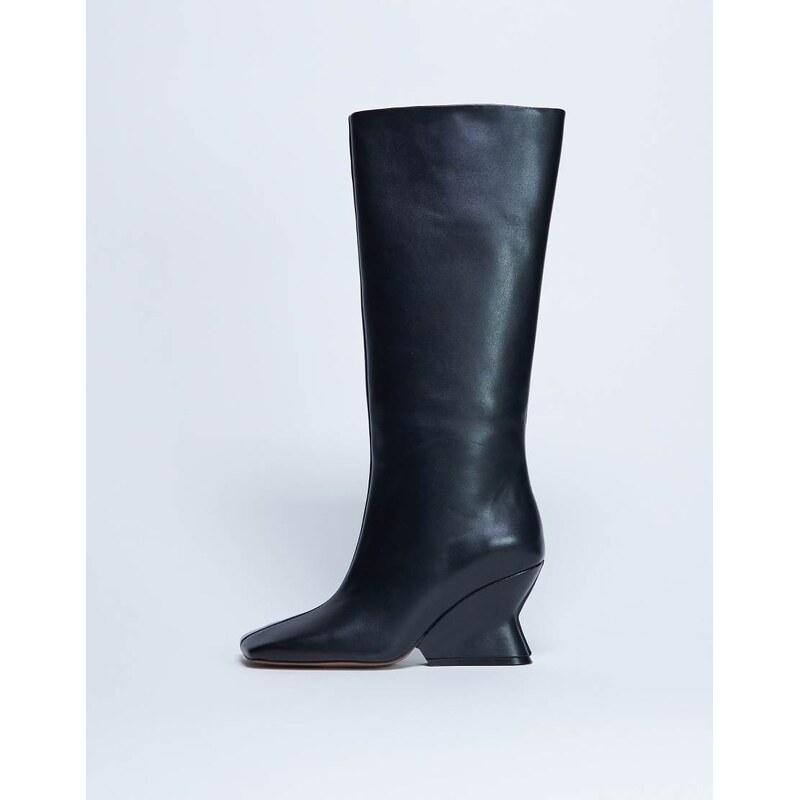 Topshop Selma Premium leather knee high wedge boot in black 115514970