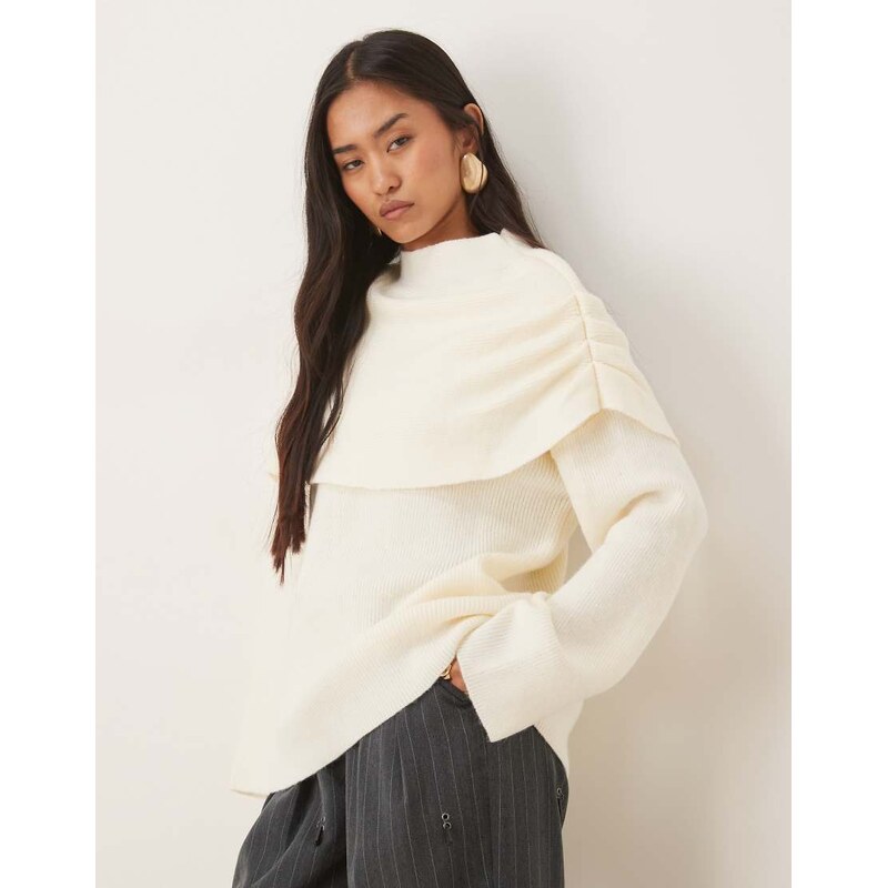 Pretty Lavish knitted exaggerated collar relaxed jumper in cream-White 110395155