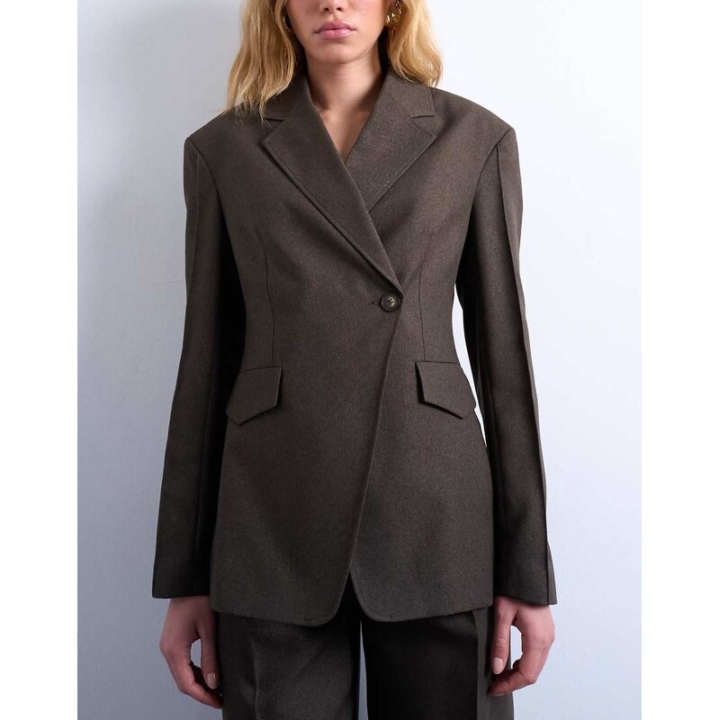 Topshop co ord asymmetric wrap blazer with seam details in brown 110395165