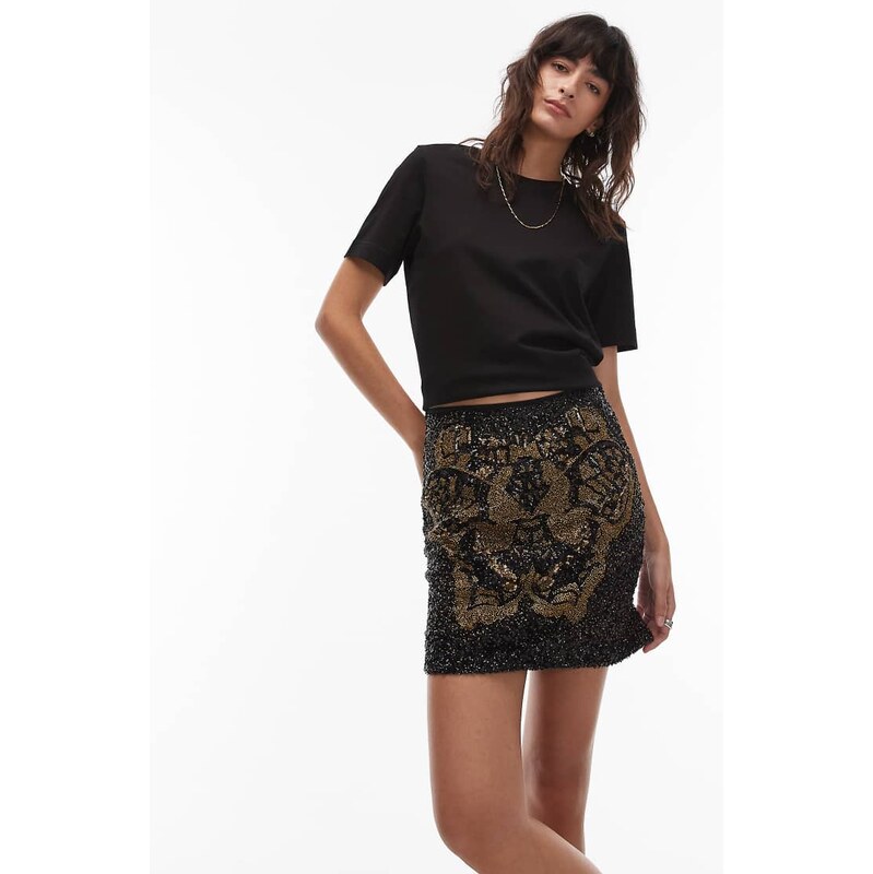 Allsaints jamilia embellished sequin skirt in black and gold 110395249