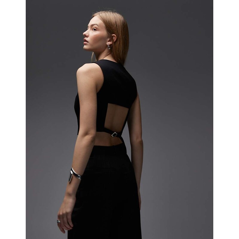 ASOS DESIGN tailored crop tab back waistcoat in black co ord