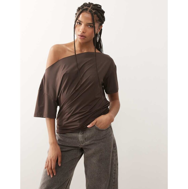 Lioness Wildlands slinky slash neck off shoulder top in chocolate 110395275