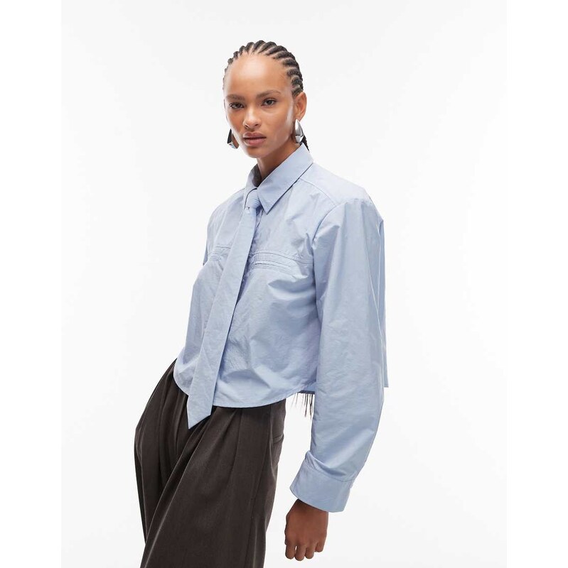 ASOS DESIGN boxy cropped nylon shirt with tie in blue 110405930