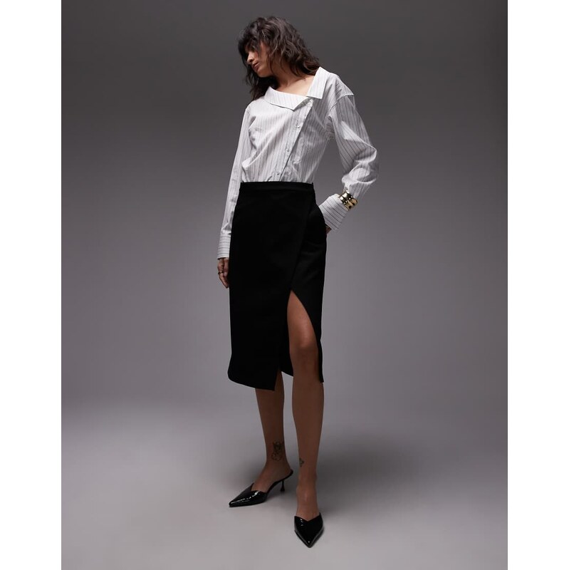 ASOS DESIGN awkward length wrap skirt in black
