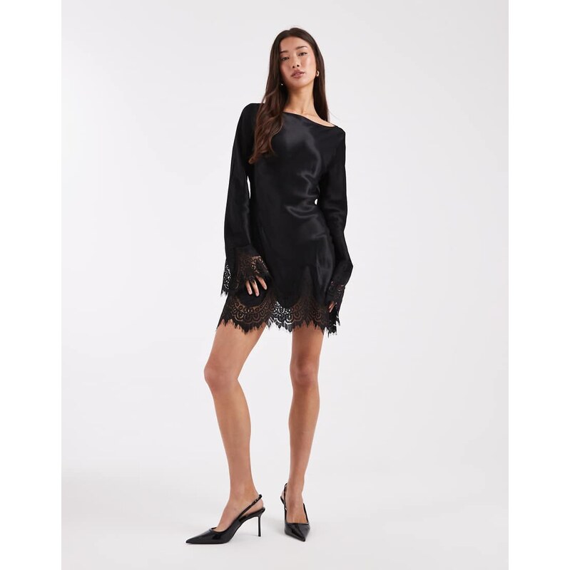 ASOS DESIGN satin lace trim angel sleeve mini dress in black