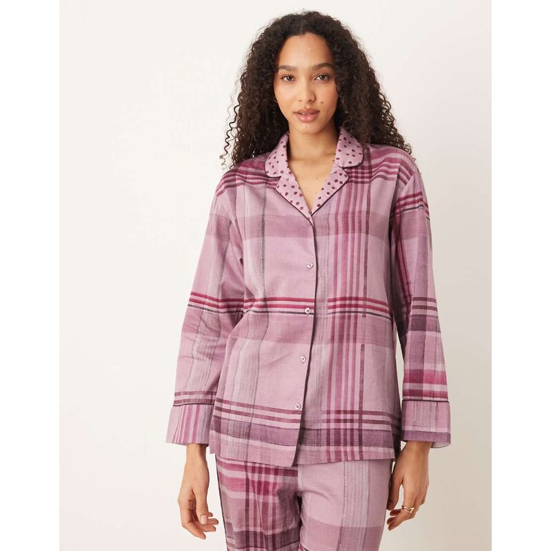 Mango 100% cotton checked pyjama shirt co-ord in pink 110395299