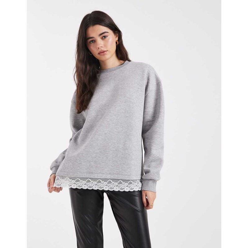 ASOS DESIGN oversized sweatshirt with lace hem detail in grey marl 110395307