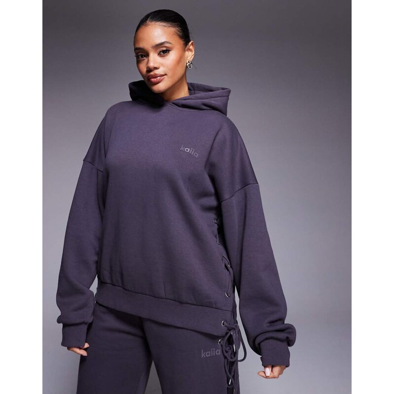 Kaiia cotton rich oversized lace up detail hoodie co-ord in