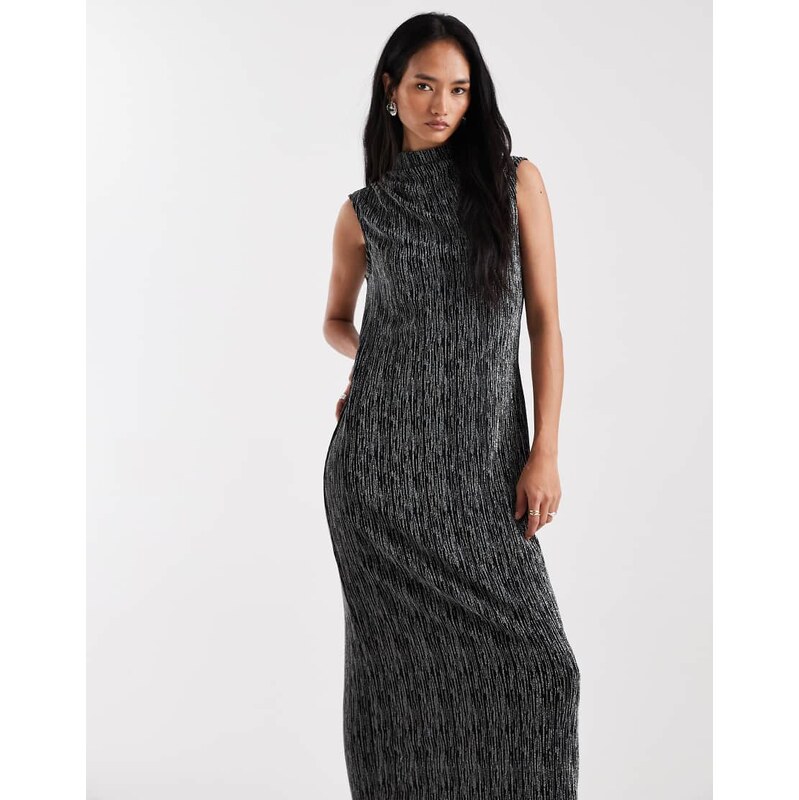 Vero Moda sleeveless slash neck glitter midi dress in black and silver 110395414
