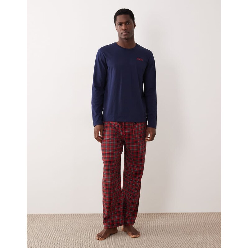 Polo Ralph Lauren logo long sleeve top and check flannel pyjama