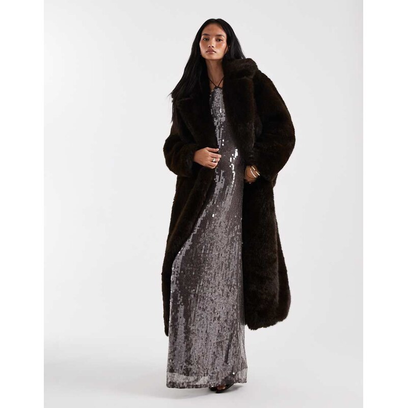 4th & Reckless faux fur oversized belted maxi coat in chocolate-Brown 111082357