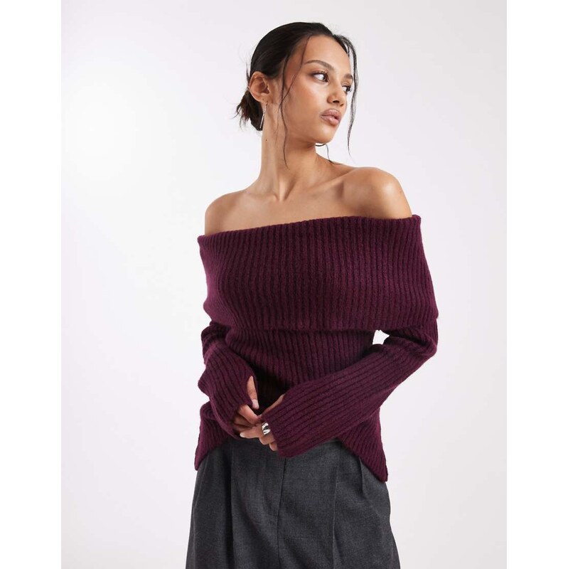 ASOS DESIGN knitted bardot jumper in plum-Red