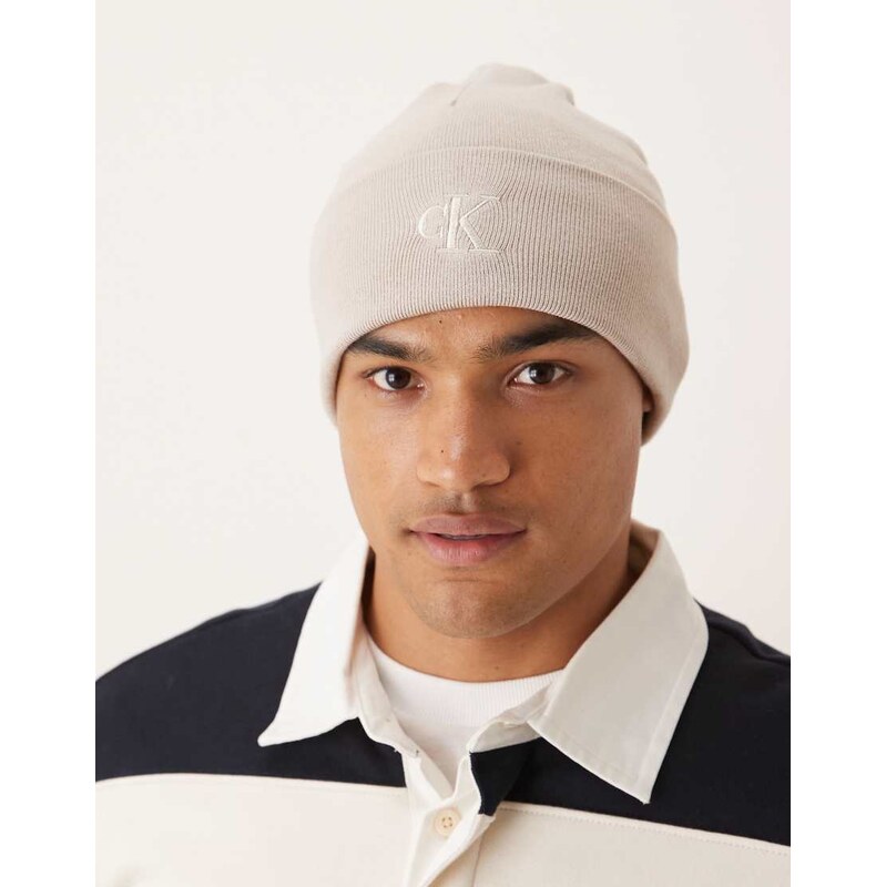 Calvin Klein fine knit logo beanie in beige-Neutral