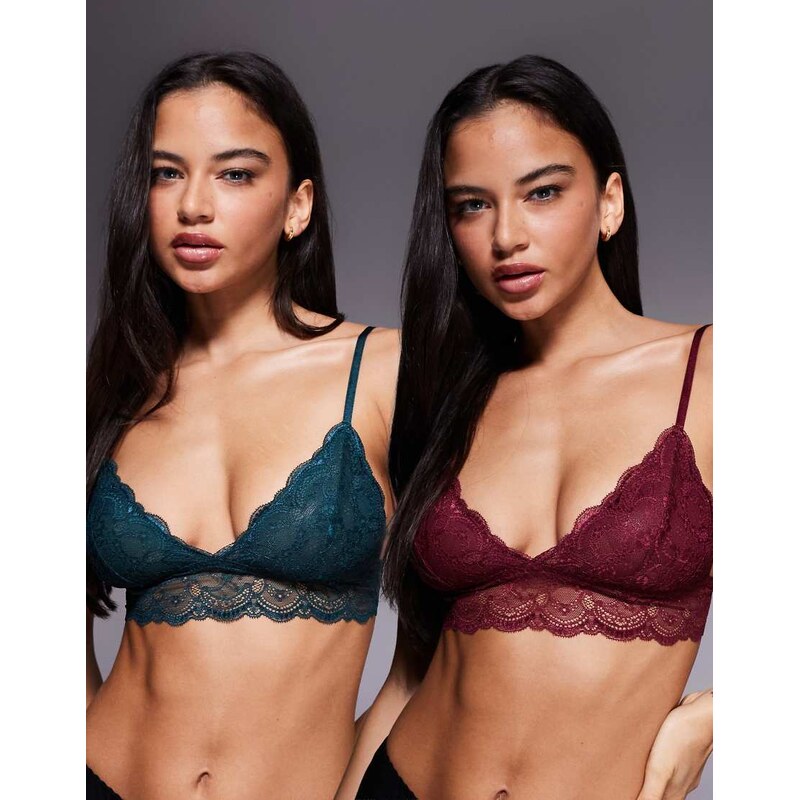 ASOS DESIGN 2 pack longline padded lace bralette in forest green & 115514070