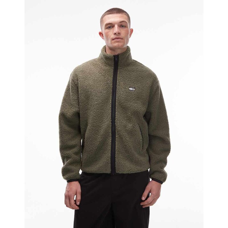Tommy Jeans badge logo zip through teddy jacket in dark green