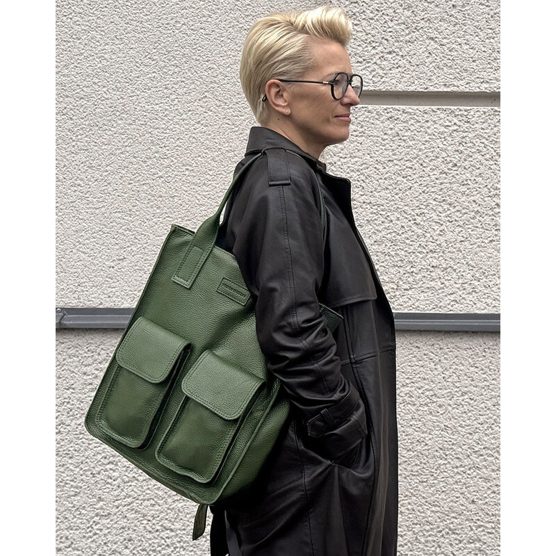 Genuine Leather MARCO MAZZINI Tmavě khaki shopper bag s kapsami