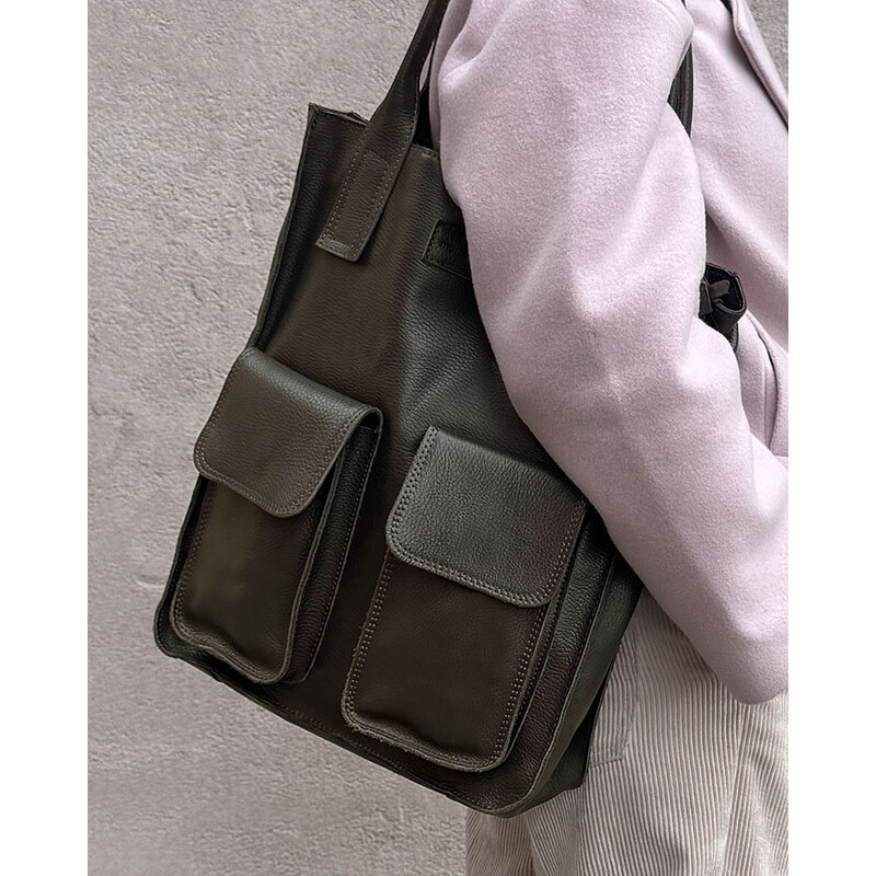 Genuine Leather MAZZINI Tmavě hnědá kožená shopper kabelka