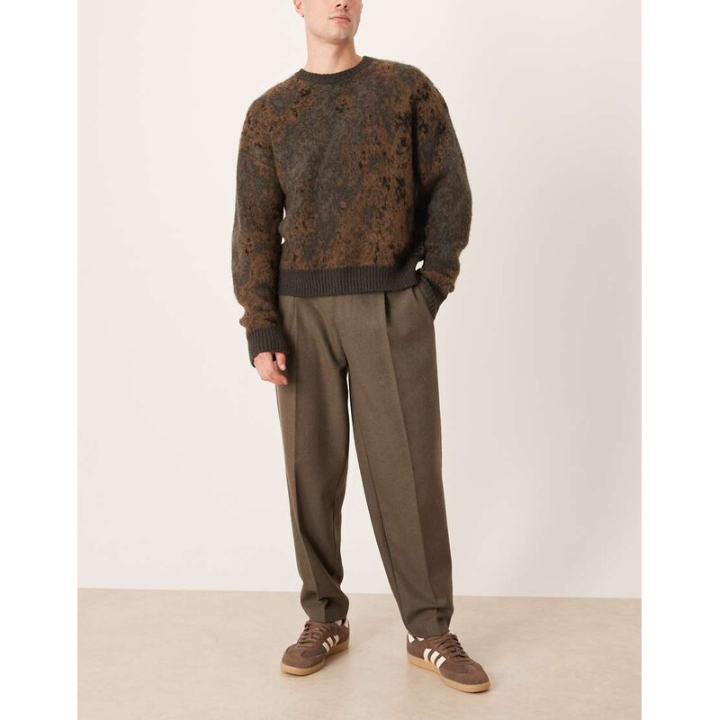 ASOS DESIGN smart pleated oversized tapered trousers in khaki herringbone wool mix-Green