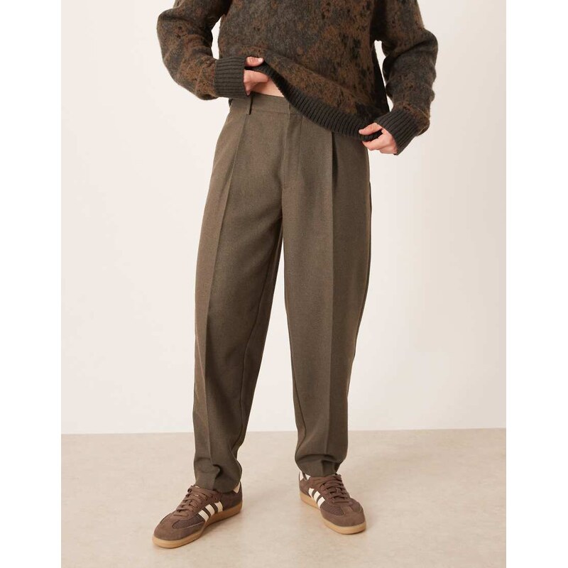 ASOS DESIGN smart pleated oversized tapered trousers in khaki herringbone wool mix-Green