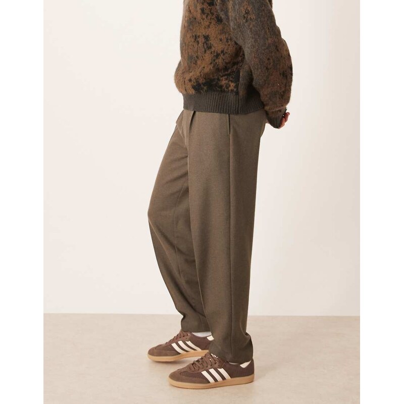 ASOS DESIGN smart pleated oversized tapered trousers in khaki herringbone wool mix-Green