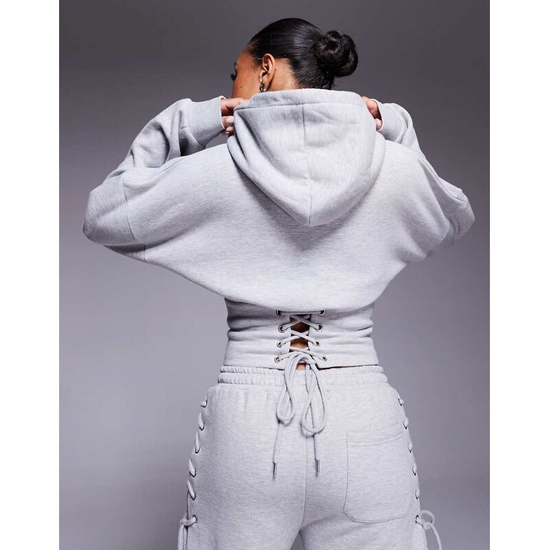 Kaiia cotton rich cinched waist lace up corset detail hoodie co