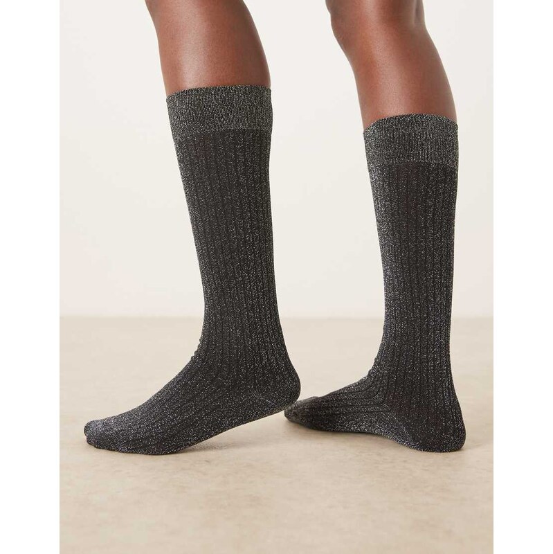 ASOS DESIGN silver glitter fine ribbed knee high socks in black-Brown 110405803