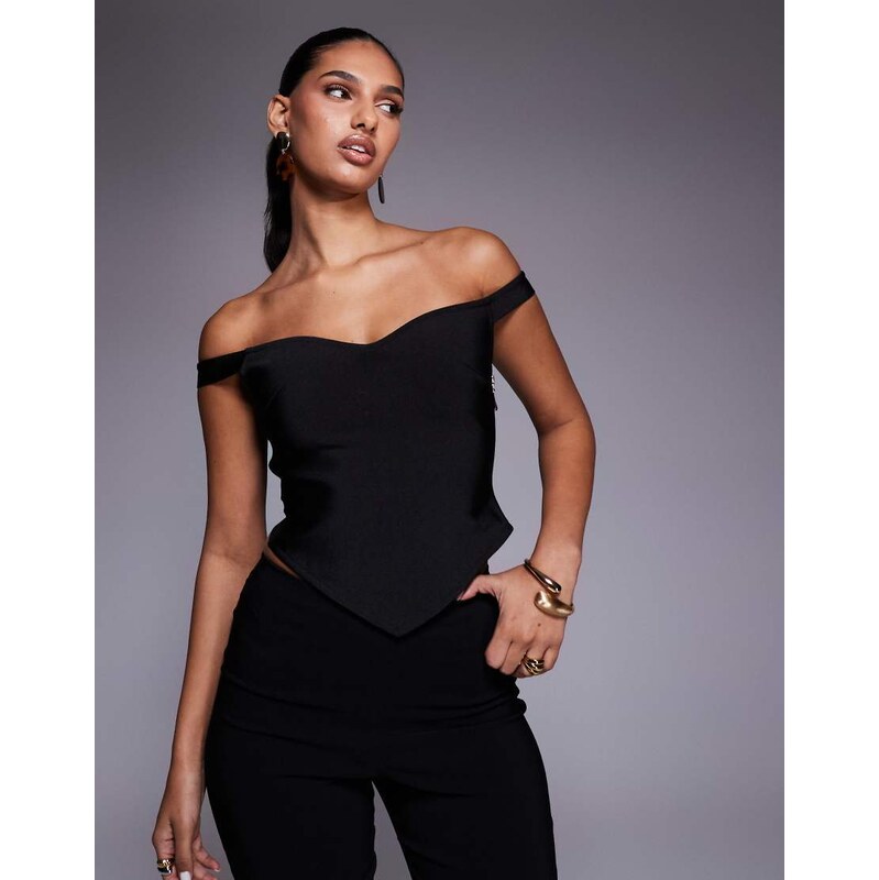 ASOS DESIGN bandage off shoulder top with asymmetric hem in