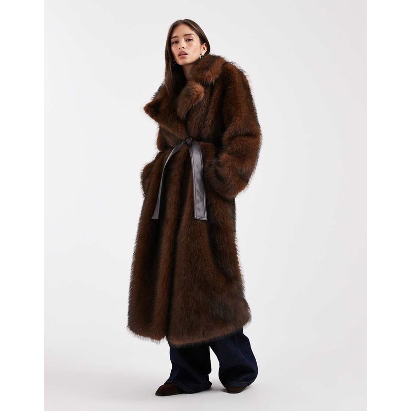 ASOS DESIGN longline faux fur belted jacket in chocolate-Brown