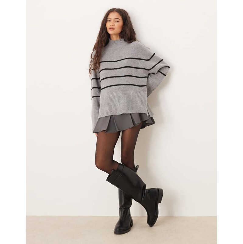 Brave Soul high neck loose fit jumper in grey and black stripe