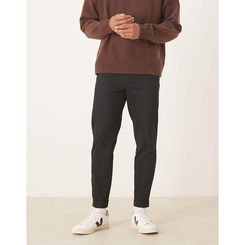 ASOS DESIGN tailored 100% cotton tapered trousers with turnup in black