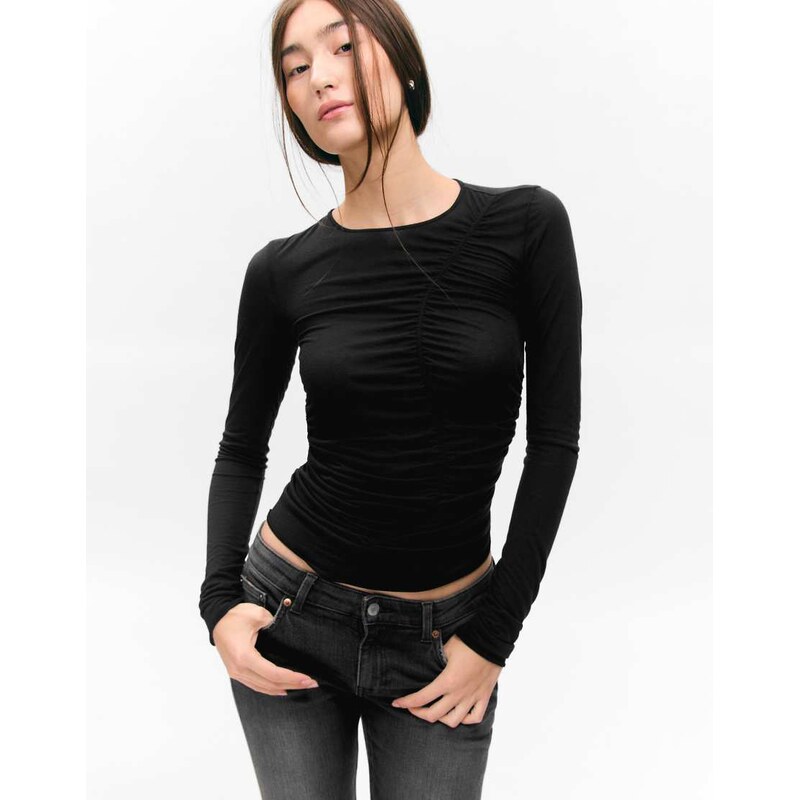 Monki asymmetric ruched top in black