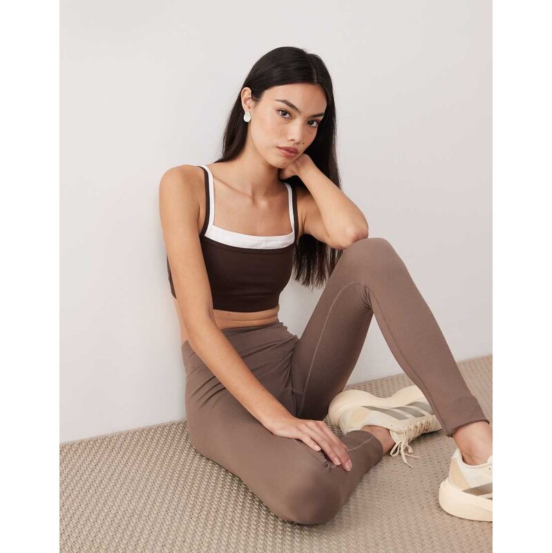 Abercrombie & Fitch YPB sweetheart contrast trim sports bra in brown 110405892