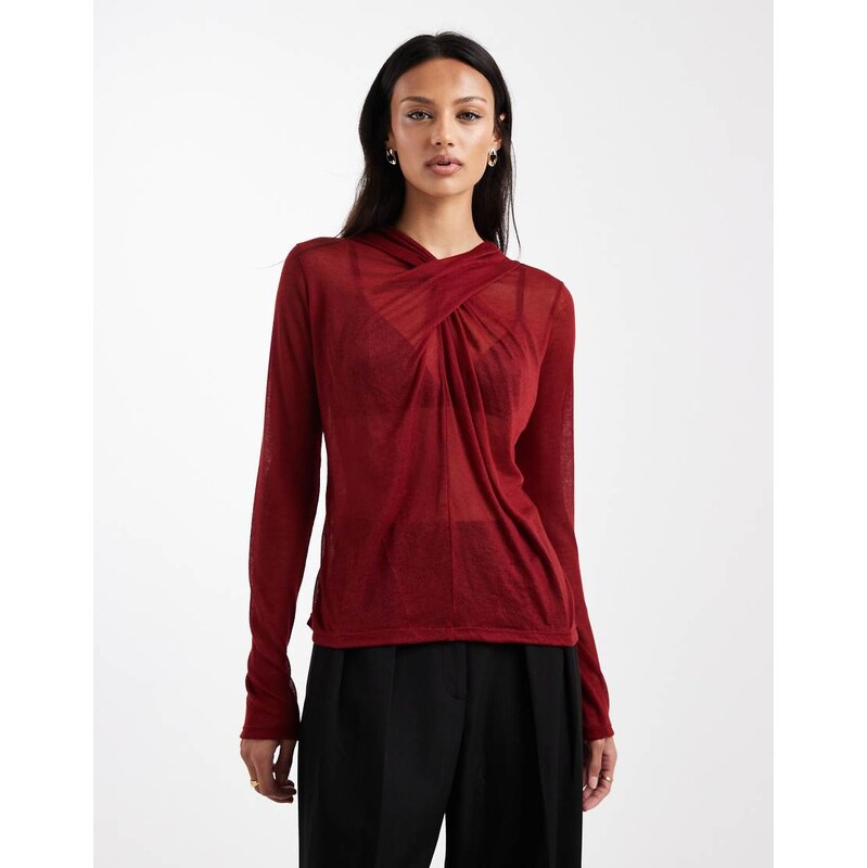 ASOS DESIGN knit-look semi sheer long sleeve top with drape neck