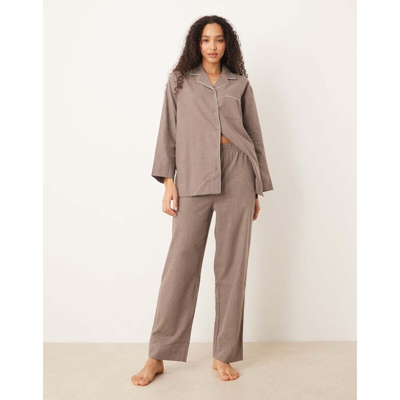 Mango 100% cotton flannel pyjama trouser co-ord in brown 110405935