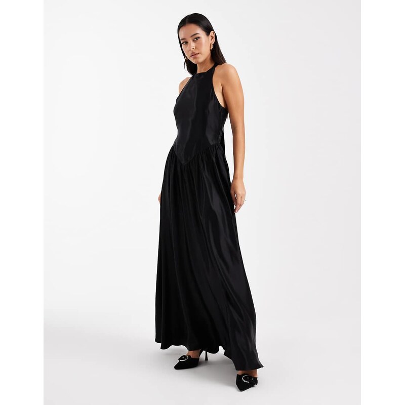 ASOS DESIGN satin slash neck seam detail maxi dress in black