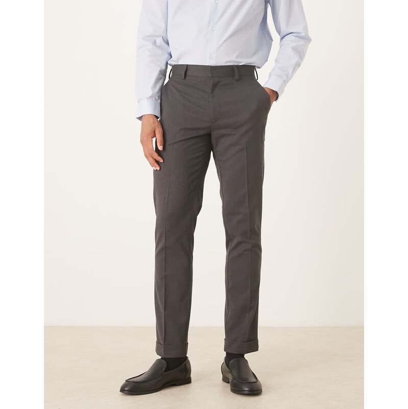 ASOS DESIGN smart flannel slim trousers in charcoal with turnup-Grey