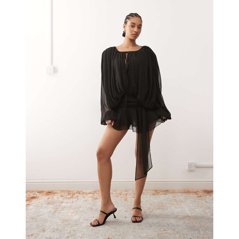 Lioness Elements petite chiffon drape detail balloon sleeve tie waist 115684629