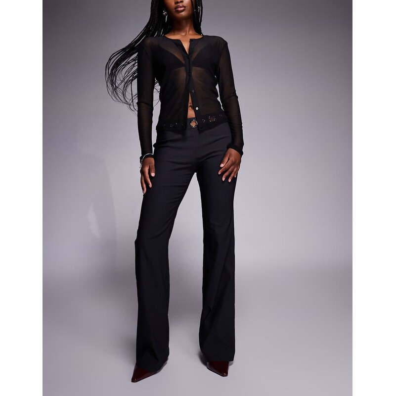 Princess Polly True Grit eyelet waist detail flare trousers in black 110406065