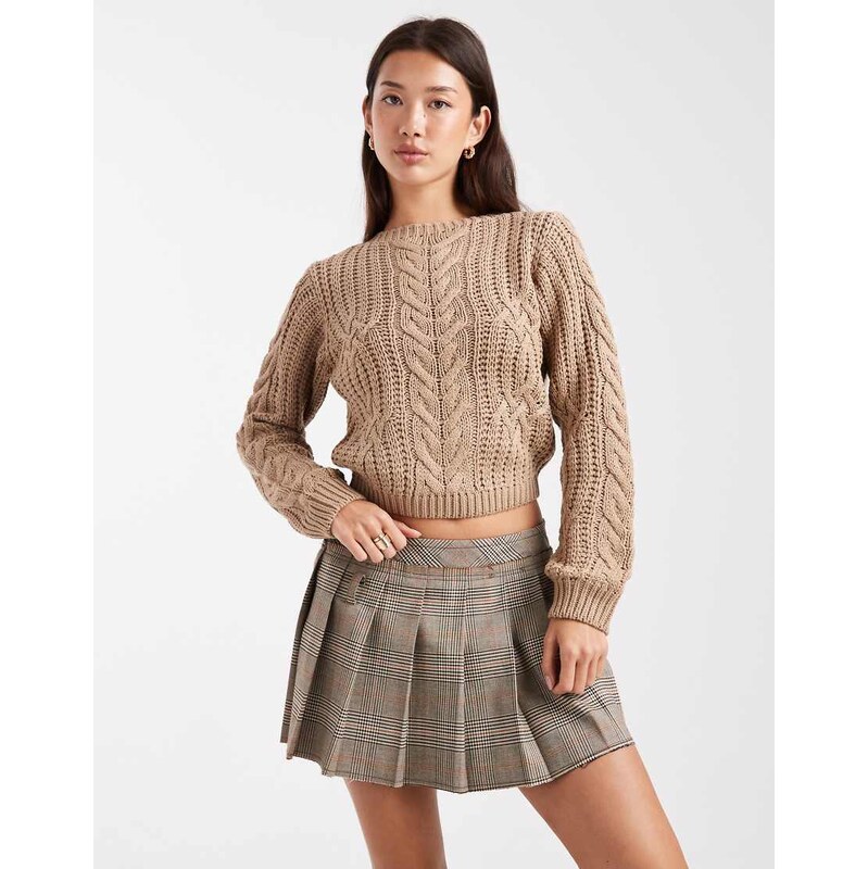 Brave Soul crew neck cable knit jumper in mink-Neutral